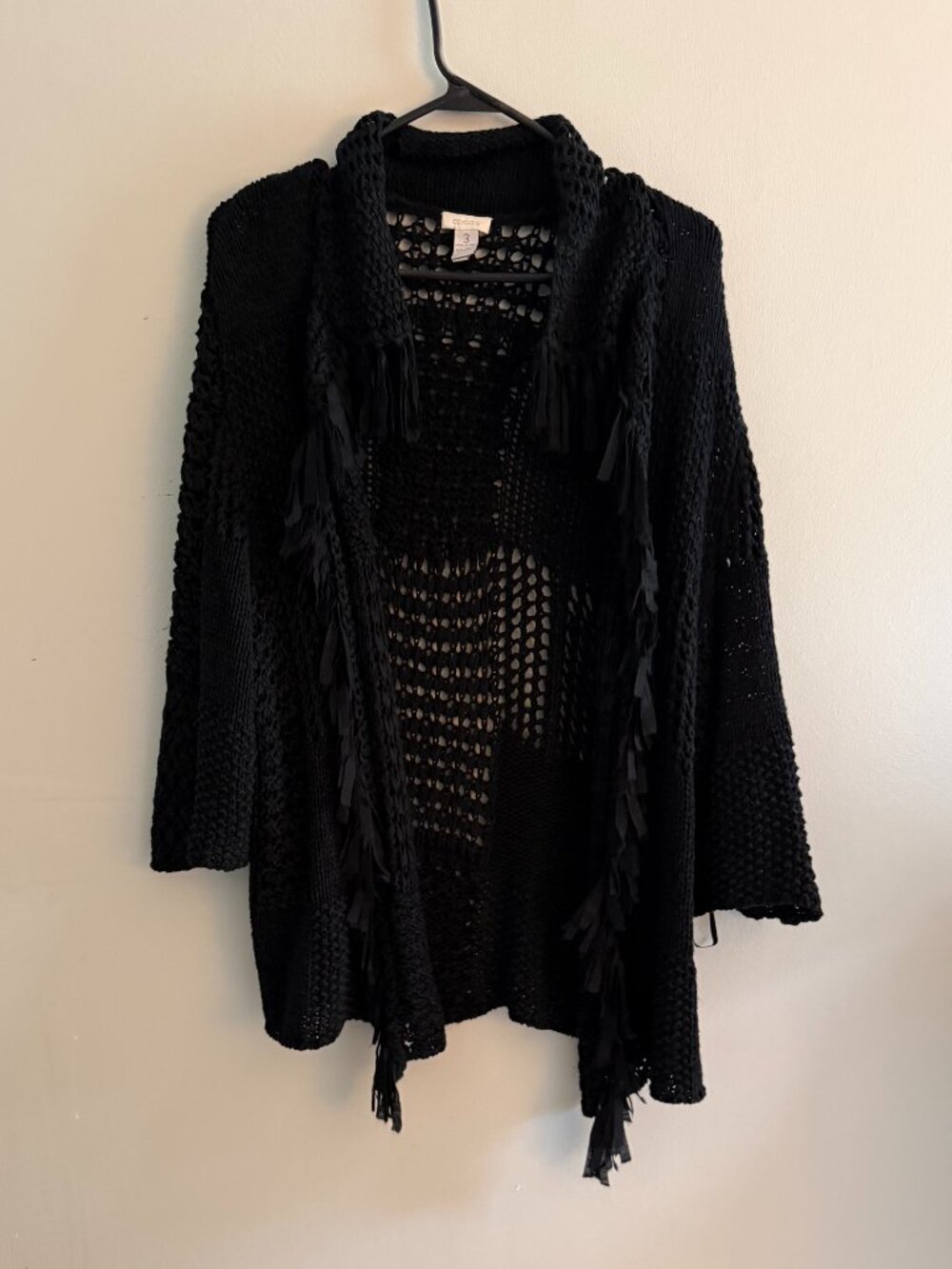 Chico's Black Open Knit Crochet Fringe Draped Cardigan Sweater Size 3 XL